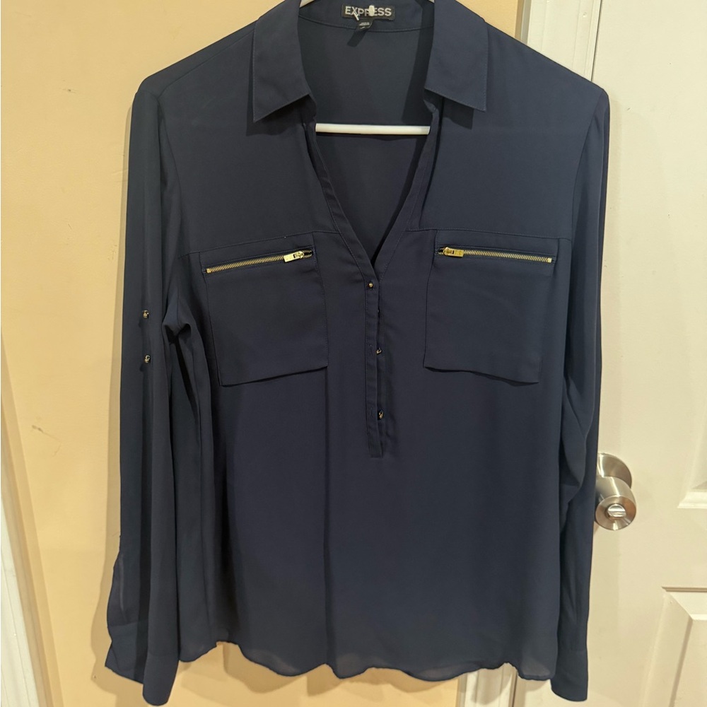 Express Women's Navy Blouse with Gold Zipper Details - Picture 2 of 13